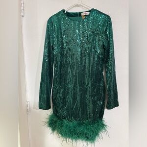 Stheute green long-sleeve mini dress sequins feather trim hem, NWT XL
